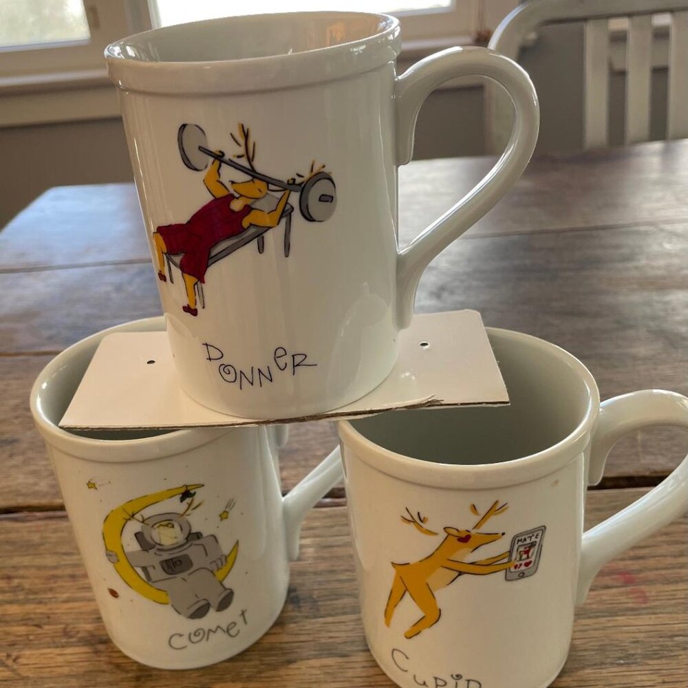 Pottery Barn,  three (3) Santa's Reindeer  "Comet, Cupid, and Donner" mugs.